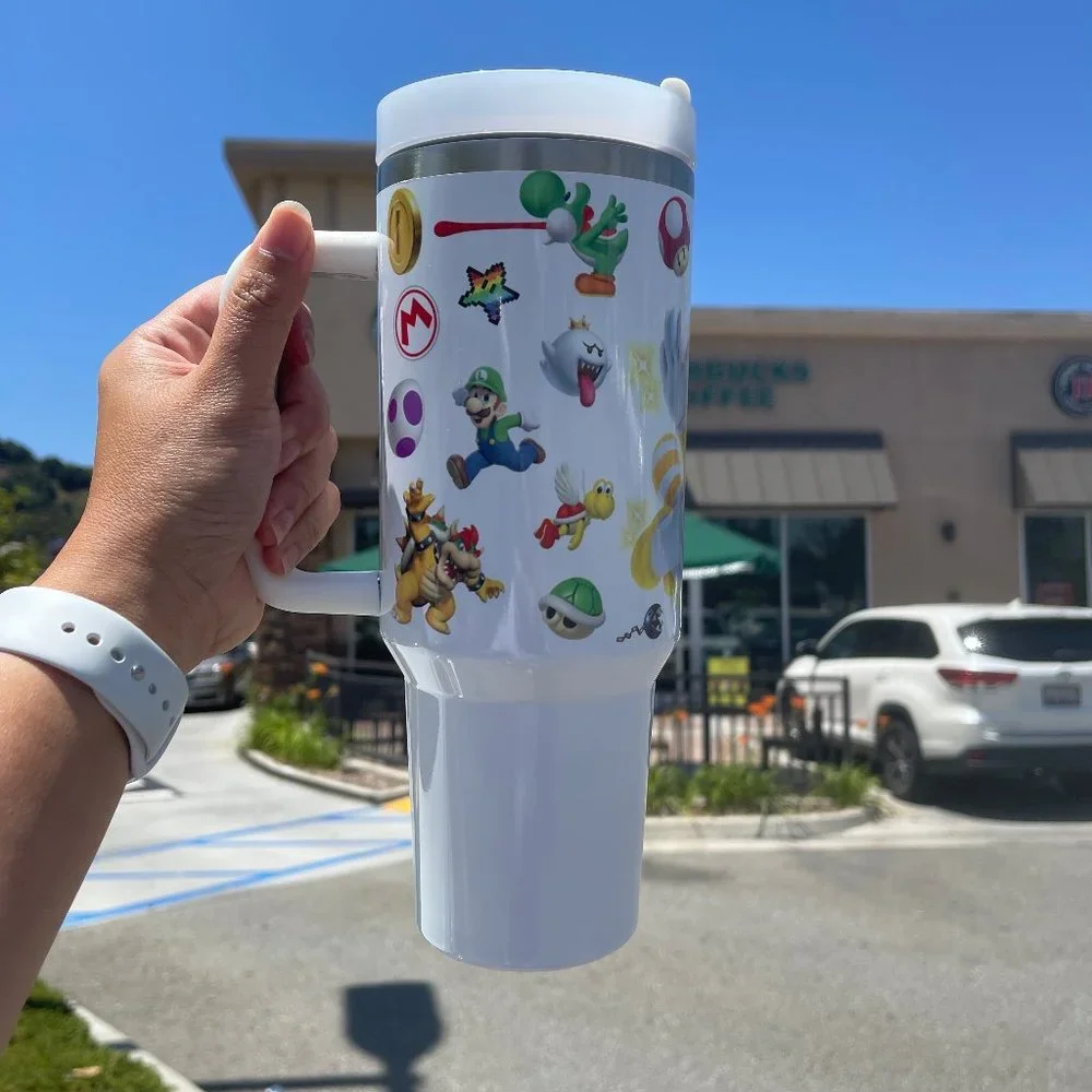Custom Nintendo Super Mario Bros Tumbler 40 oz tumbler with hand carry handle. B